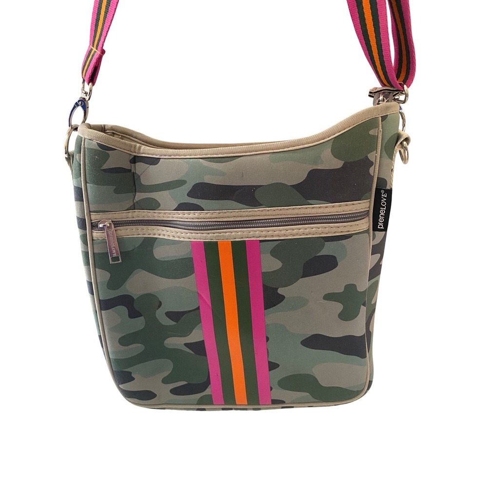 Prenelove Camo Neoprene Messenger Bag Pink Orange Stripe Strap Crossbody